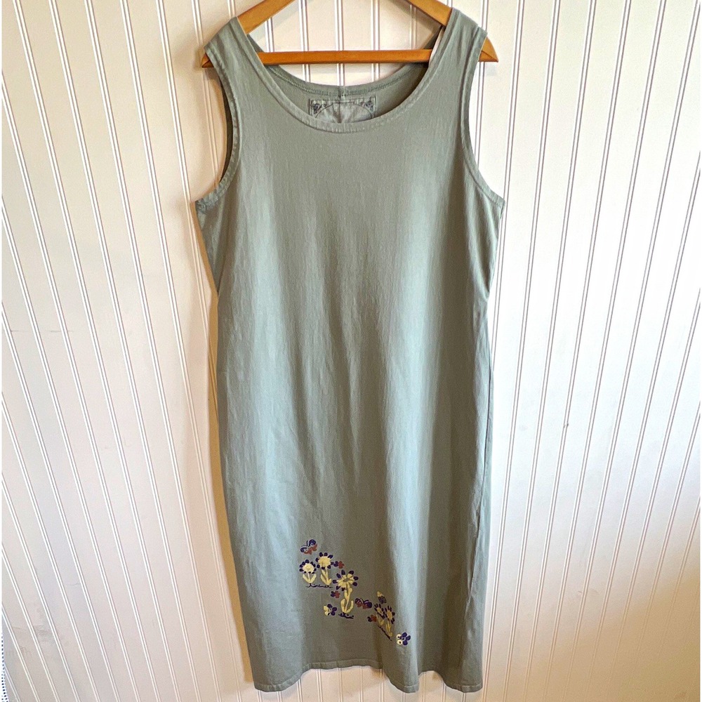 Ultra Pink dress jumper Women XL Green Cotton Knit Art flowers Midi  Embroidered
